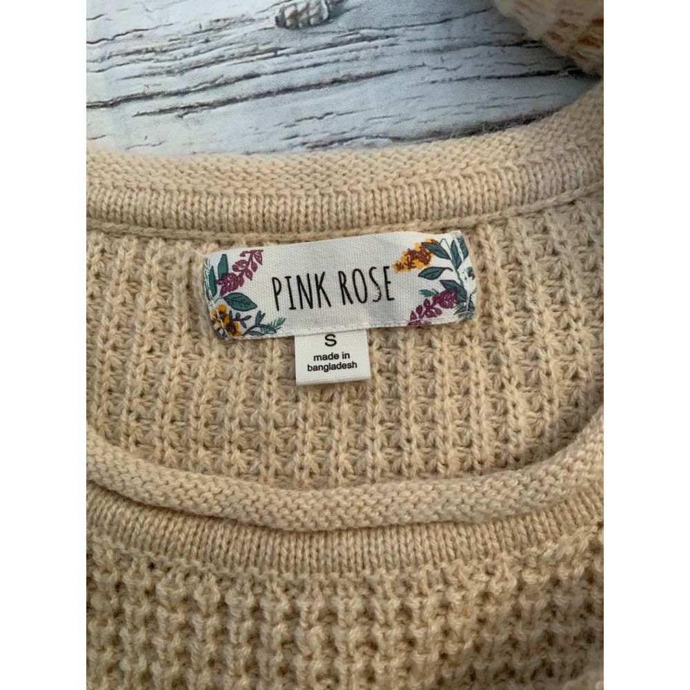 Pink Rose Womens Tan Waffle Knit Sweater Crew Neck High Low Hem Small - Picture 2 of 3